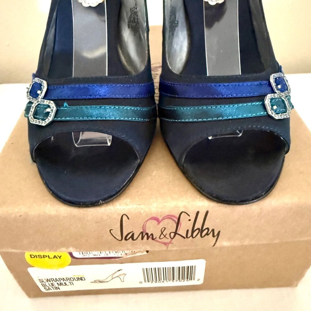 Sam and Libby Heels Size 7 Blue Multi Satin Slingback Open Toe Pumps Y2K - Picture 8 of 9